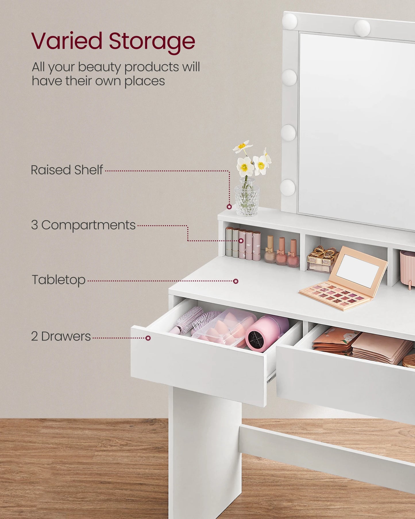 VASAGLE Dressing Table, LED Lights with Adjustable Brightness, Vanity Table with Mirror, 2 Drawers and 3 Compartments