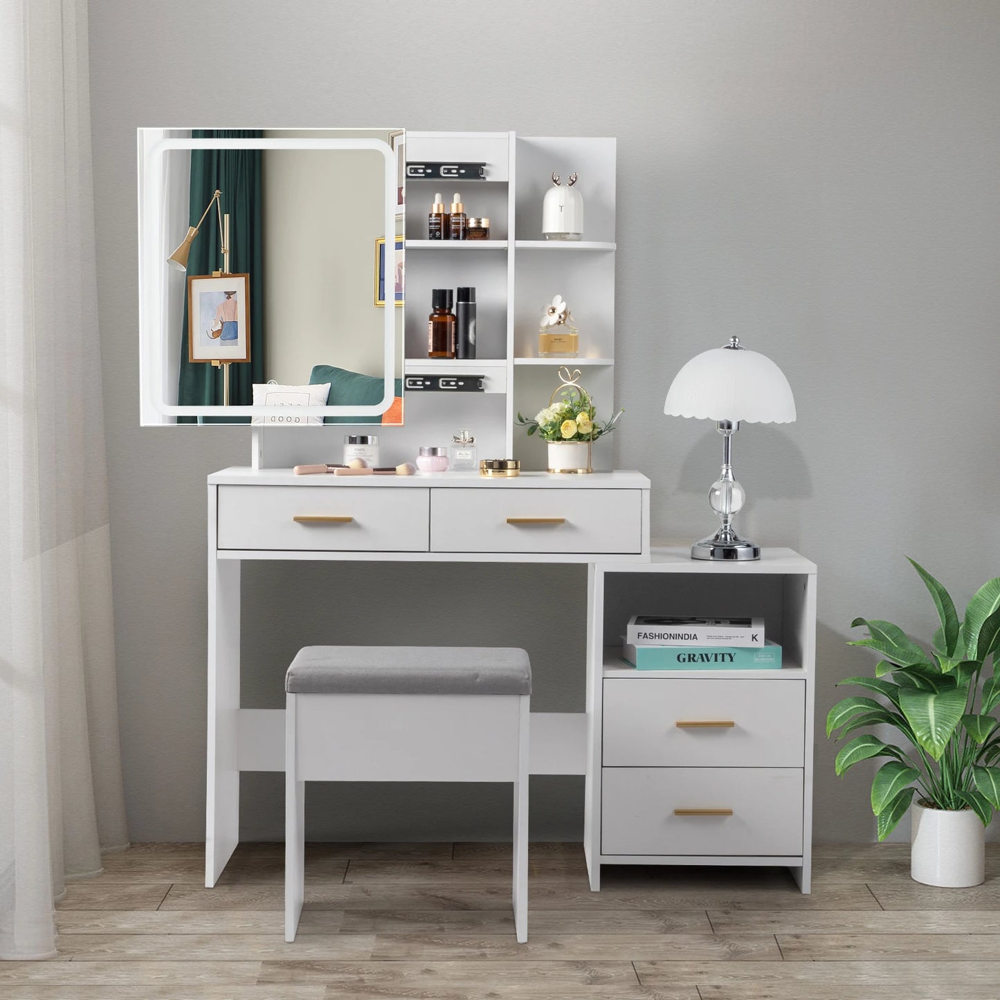 4-Drawer Dressing Table Set with Mirror Cabinet, LED Three-Tone Light, and Storage Cabinet - Modern White Furniture for Bedroom