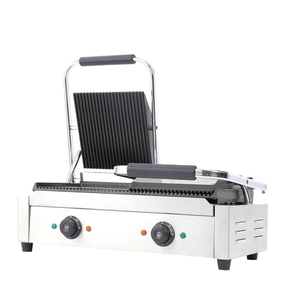 3.6KW Double Commercial Sandwich Press Grill with Knob Temperature Control for Cooking Sandwiches, Sausages, Eggs and Pancakes