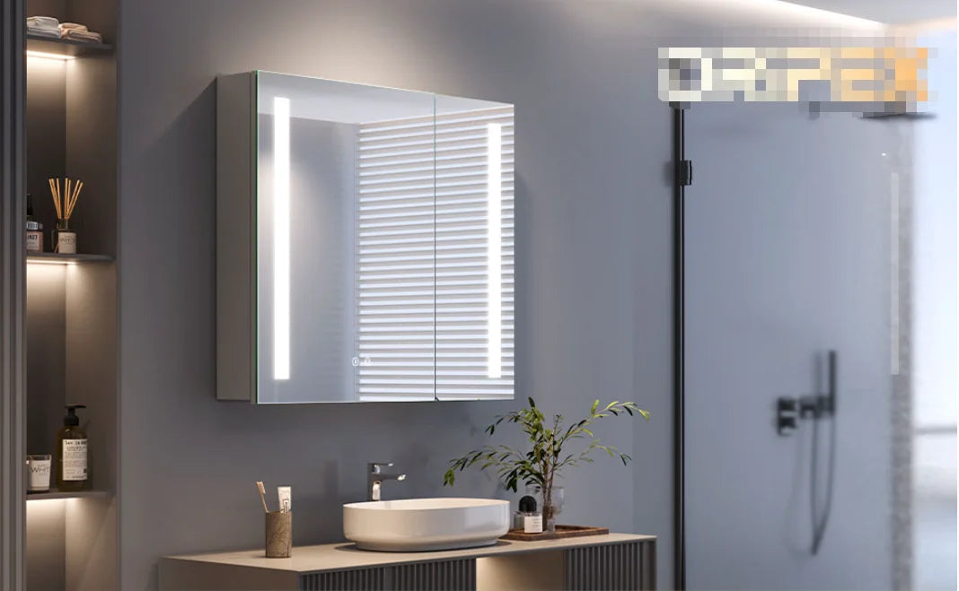 Mirror Cabinet,2 Doors Illuminated LED Bathroom Mirror Cabinet with Shaver Socket Dimmable Switch 3 Colors and Demister Pad-Grey