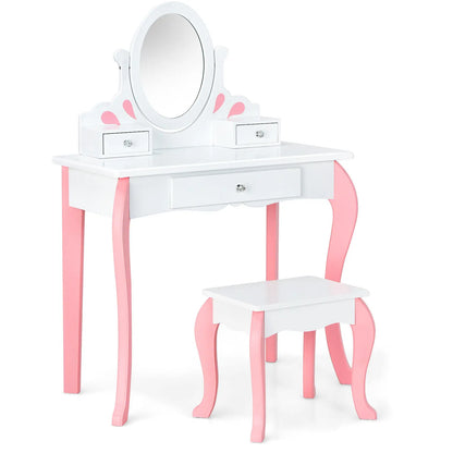 GOFLAME Kids Vanity Table Set with Mirror, 2 in 1 Toddlers Makeup Dressing Table & Stool