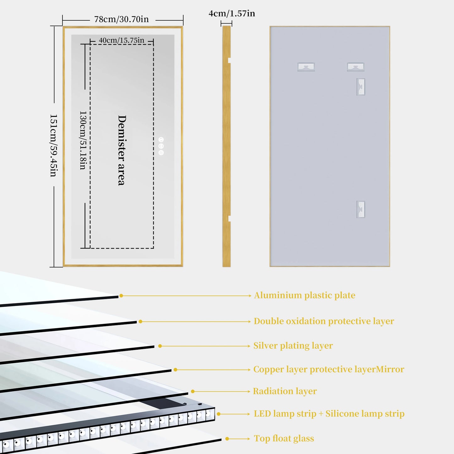 Overlength 140/151/160CM Rectangle LED Bathroom Mirror Gold Aluminum Frame Vanity MIirror Touch Defogging