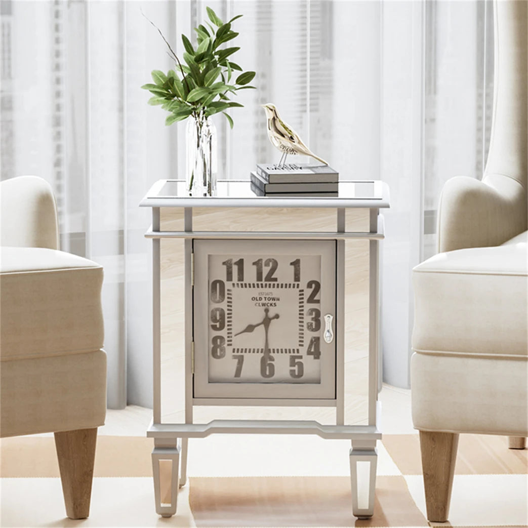 Silver Mirrored Glass Bedside Table Nighstand Side Table Cabinet with Quartz Clock and Storage Cabinet