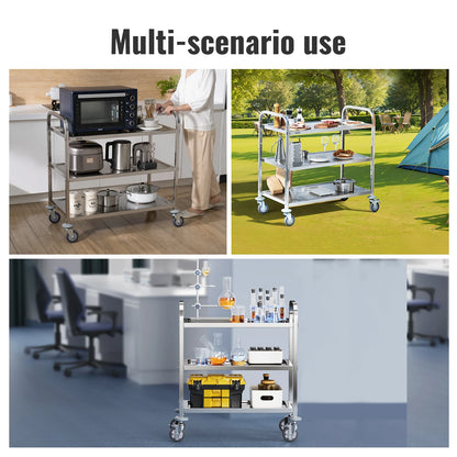 VEVOR Stainless Steel Cart 3/2/1 Layers Lab Utility Cart Medical Cart W/ Lockable Universal Wheels for Lab Clinic Kitchen Salon