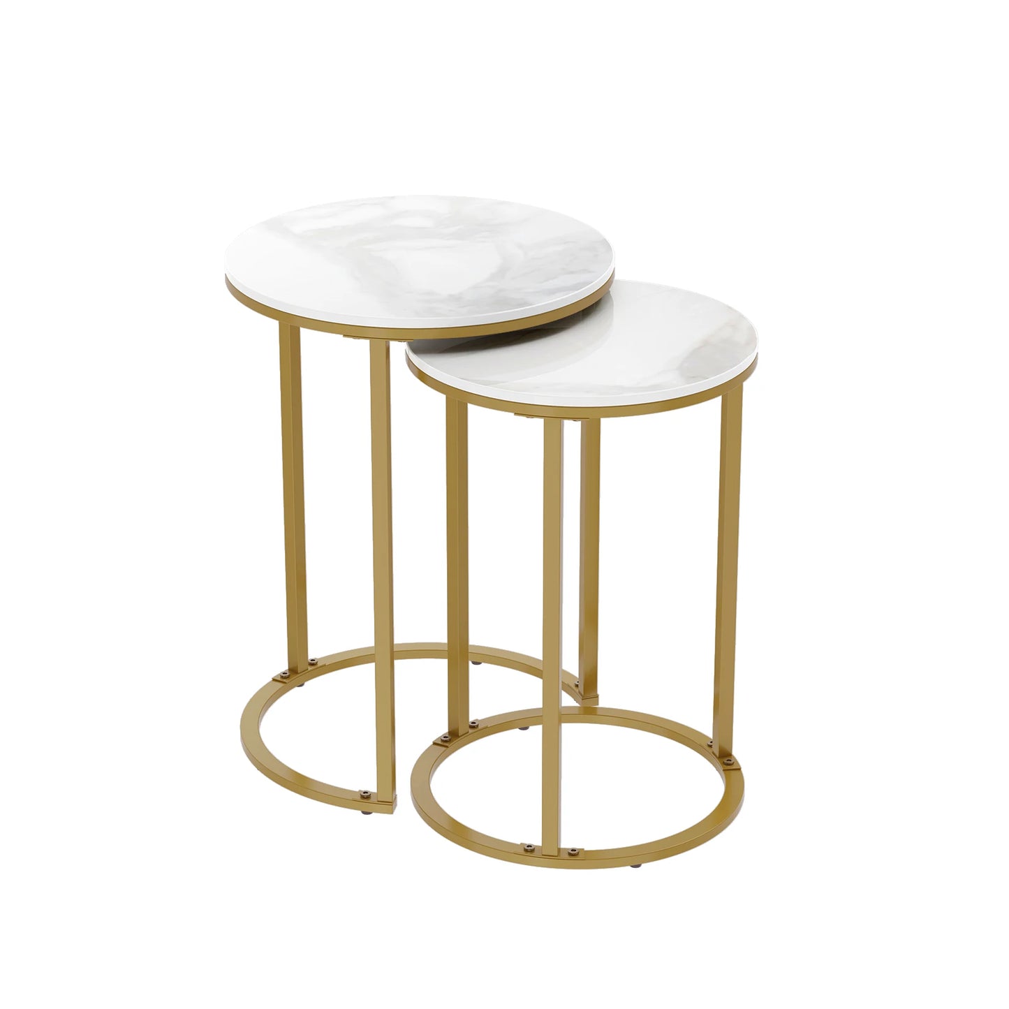 Round Side End Table 2PCS Nesting Coffee Table Real Marble Metal Frame Stackable White&Gold