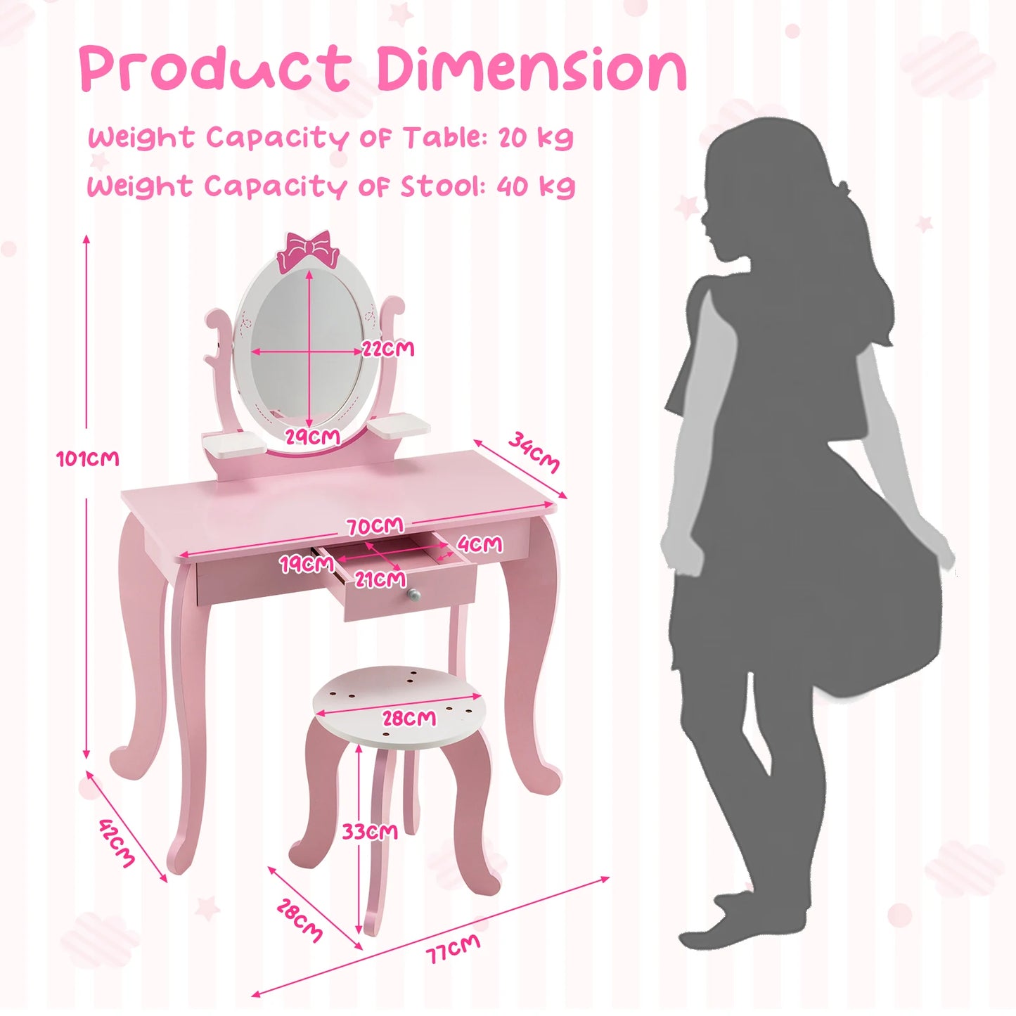 GOFLAME 2-in-1 Kids Vanity Table Set, Princess Pretend Play Makeup Table w/ Stool