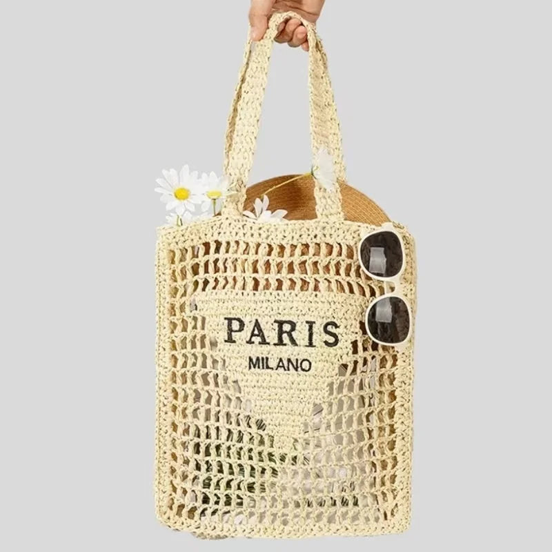 Women Summer Beach Vacation Fashion Straw Knitting Shoulder Bag Hollow Out Handwoven Handbag Portable Large Capacity Casual Tote