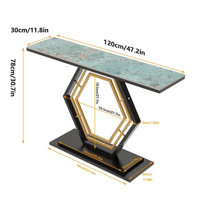 Real Marble Console Table, Solid Geometric Base, Sofa Side Entryway Table, Emerald Green/White, 120cm Long