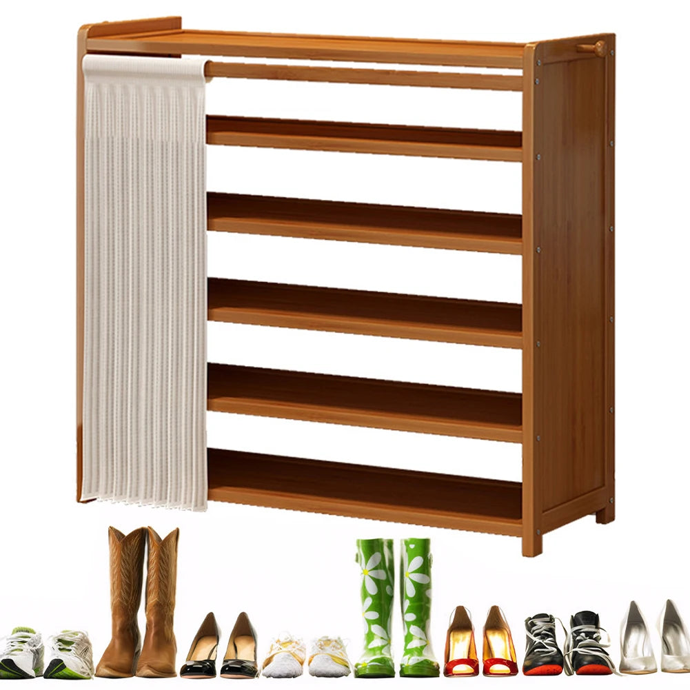 6-Tier Cabinet Organizer with White Gauze Curtain Wooden Storage Shelves Shoe Organizer for Entryway Living Room Hallway Doorway