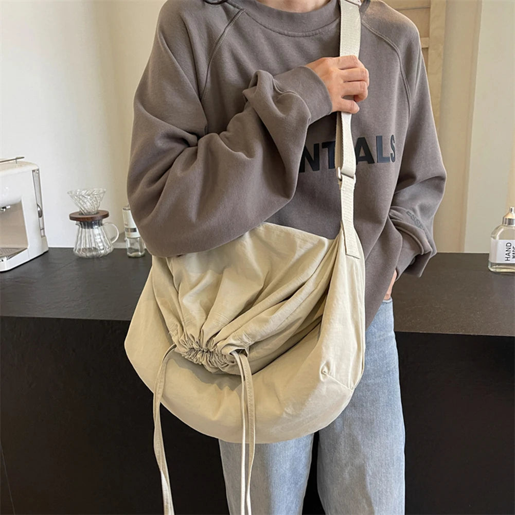 Women Drawstring Shoulder Bag Large Capacity Simple Crossbody Bag Solid Color Lightweight Shopping Bag Girls Outdoor Bag