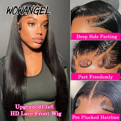 Wow Angel 250% 13x6 HD Full Lace Frontal Wigs Large Lace Size Straight 34in Remy Human Hair Wigs Pre Plucked Brazilian Hair