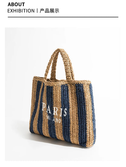 Women Summer Beach Vacation Fashion Straw Knitting Shoulder Bag Hollow Out Handwoven Handbag Portable Large Capacity Casual Tote