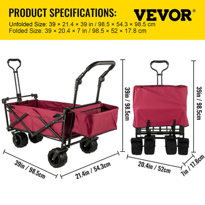 VEVOR Folding Wagon Cart W/ Adjustable Handle Bar Removable Canopy Oxford Cloth Collapsible Shopping Outdoor Camping Beach Cart