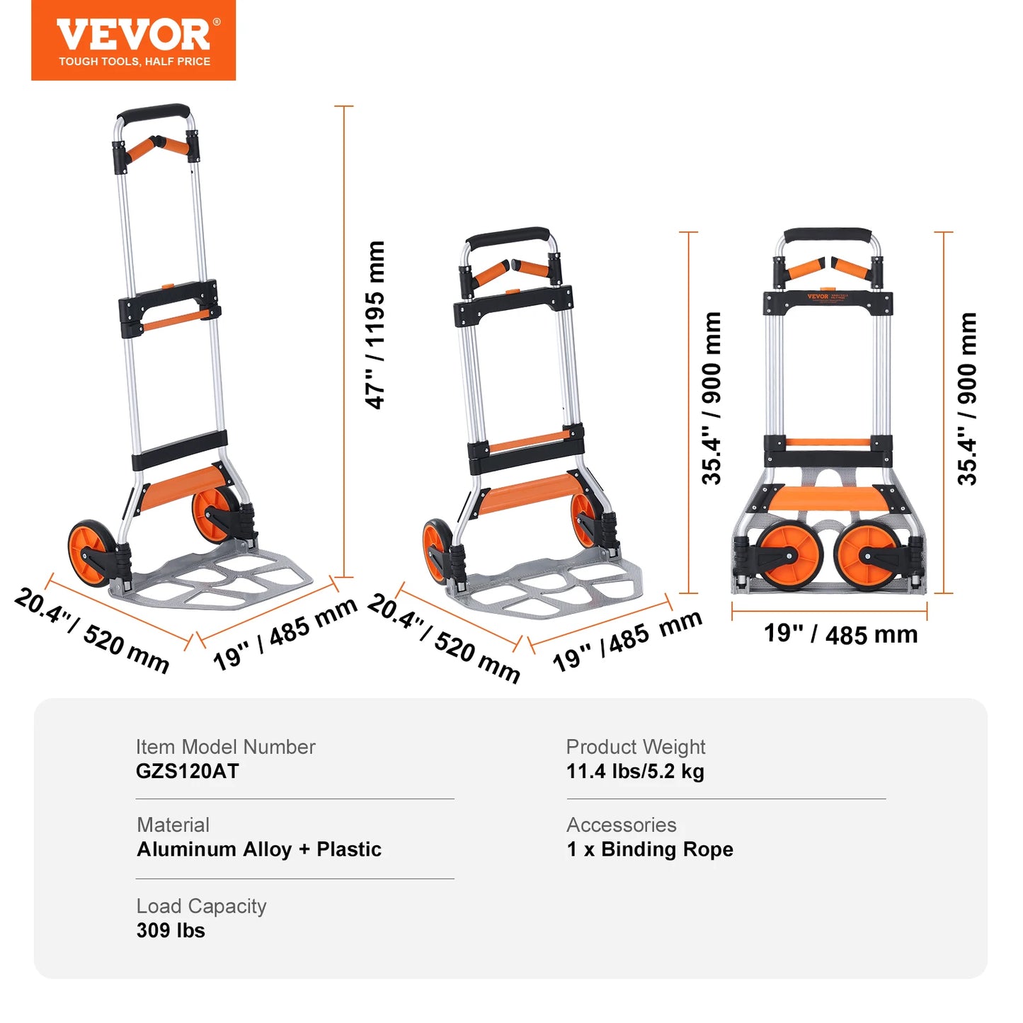 VEVOR 176/275/309 lbs Folding Hand Truck Portable Cart Dolly with Telescoping Handle and Binding Rope for Moving Warehouse