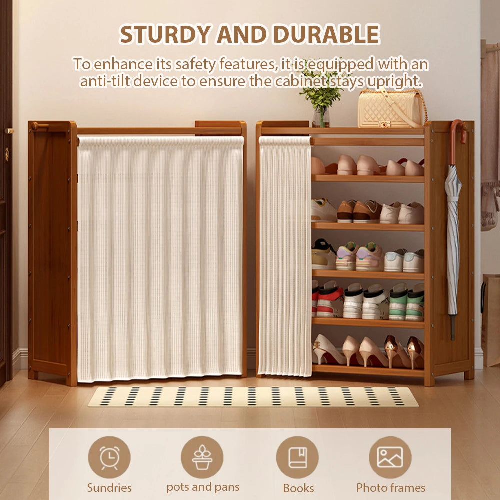 6-Tier Cabinet Organizer with White Gauze Curtain Wooden Storage Shelves Shoe Organizer for Entryway Living Room Hallway Doorway