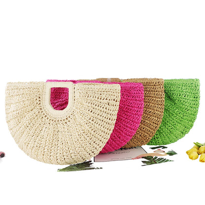 Women Handmade Straw Tote Bag Large Capacity Bohemia Moon Handbag Solid Color Simple Weaving Wrist Bag Summer Beach Bag