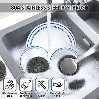 5/10Pcs Steel Wool Scrubber with Handle Detachable Stainless Steel Cleaning Brushes for Cleaning Dishes Stock Pots Pans Griddles