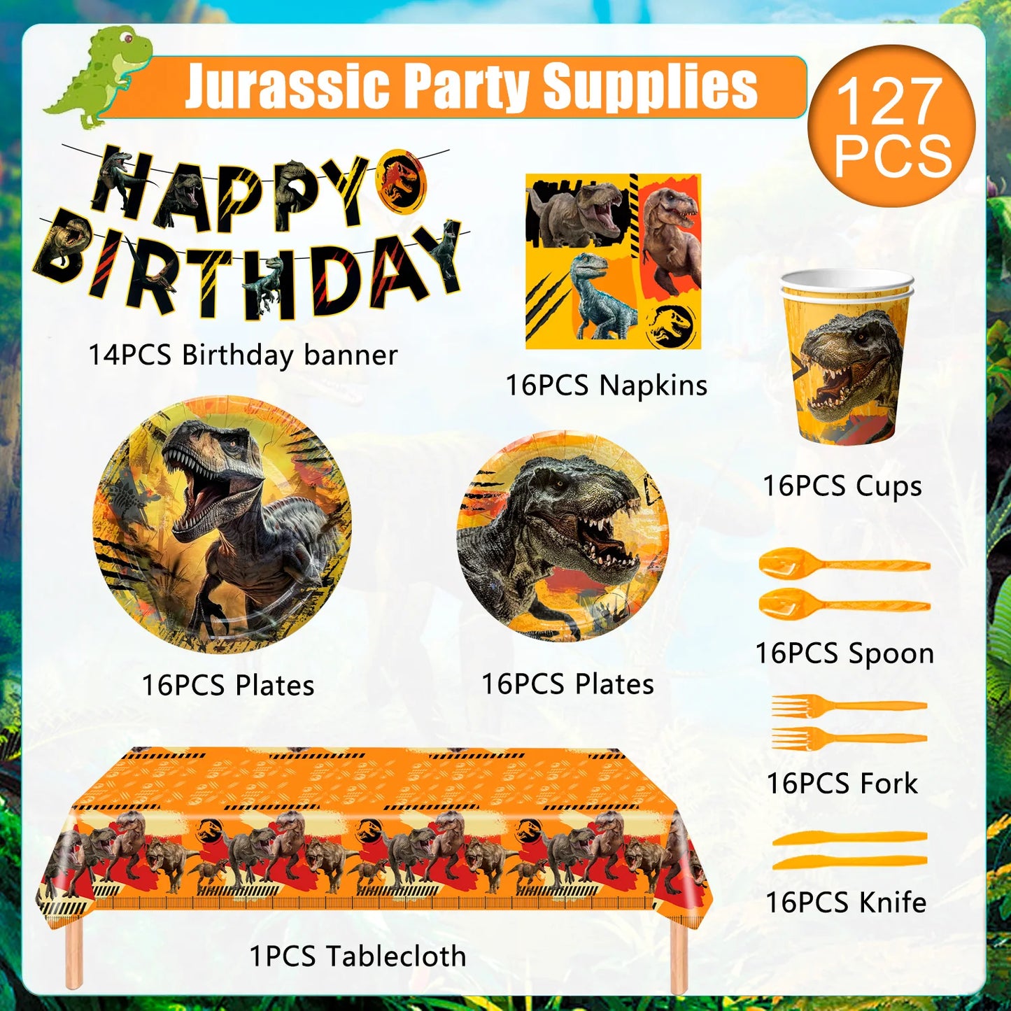 Jurassic World Birthday Decorations Tableware,127pcs Party Decorations Set-Dinosaur Theme Party Plate Cups Napkins Banner etc