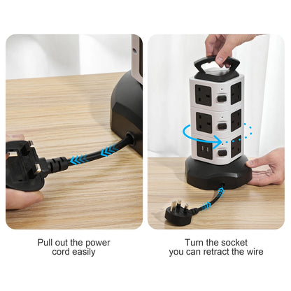 Vertical Power Strip 7/11/15 Ways Tower Socket Surge Protector UK Plug Multi Outlets with 2 USB 2m Extension Cable Home Office