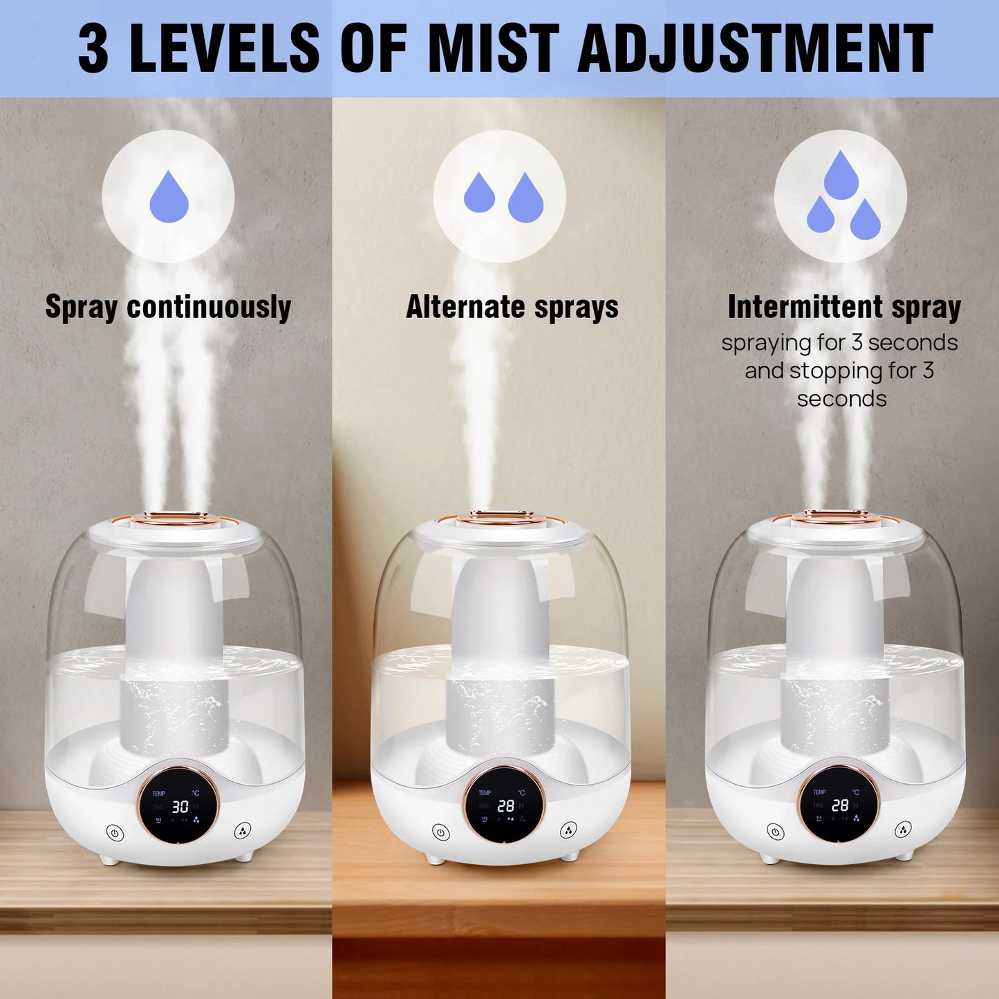 3L Humidifier for Bedroom, Air Humidifier for Home Office, 3 Mist Modes, 2 Nozzles, Timer and Waterless Auto-Off