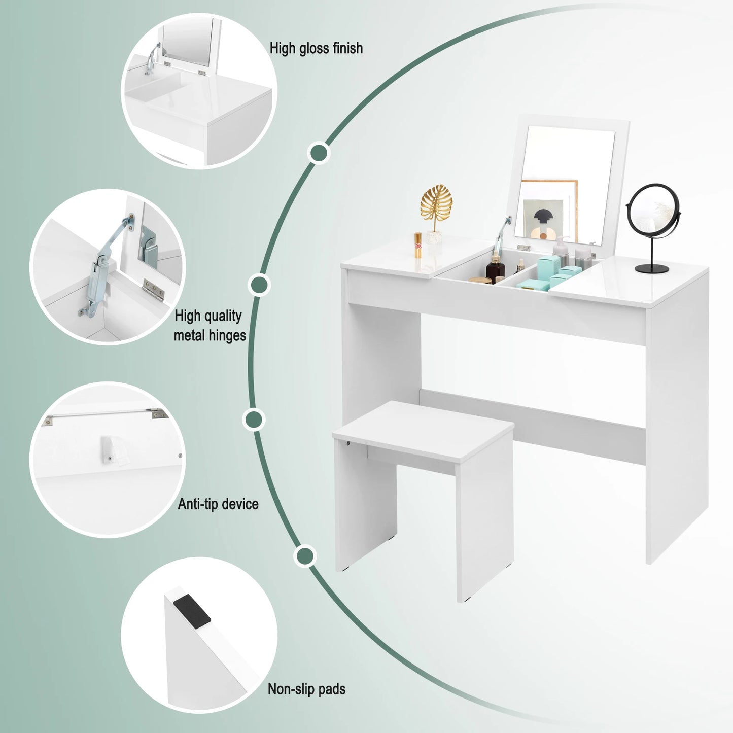 1SET White Dressing Table with Makeup Mirror Stool Vanity High Gloss Table Top Cosmetic Dresser Set for Gilrs Women Bedroom