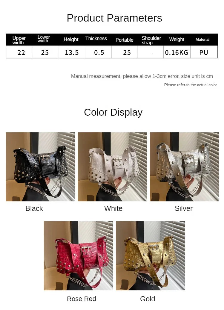 Women Fashion Shoulder Bag Gothic Ladies Bag Cool Style Trendy Rock Girls Handbag Y2K Rivet Chain for Travel Vacation Daily