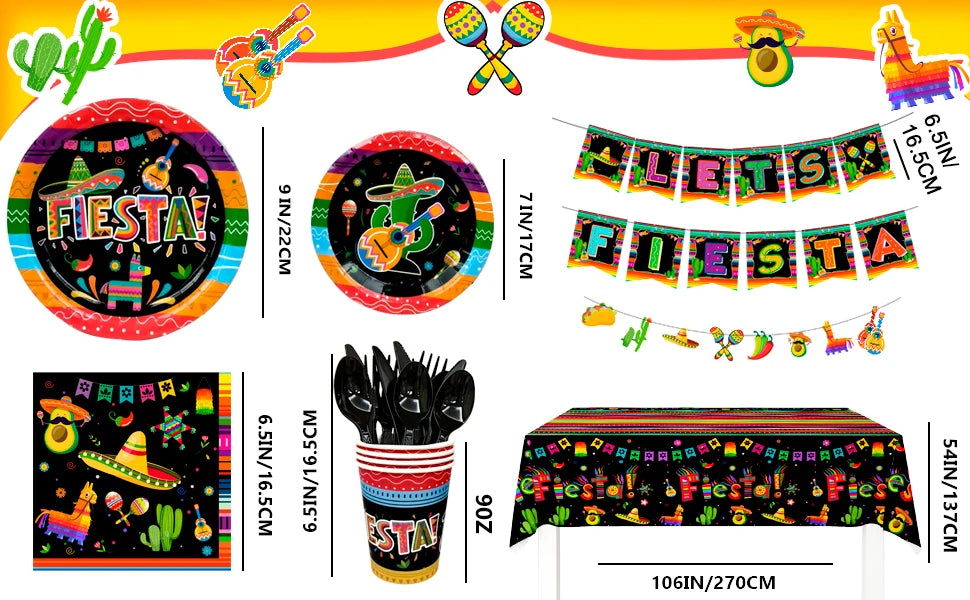 Mexican Themed Fiesta Party Supplies,161pcs Paper Tableware Set Includes Mexican Fiesta Plates Cups Napkins etc for 20 Guests