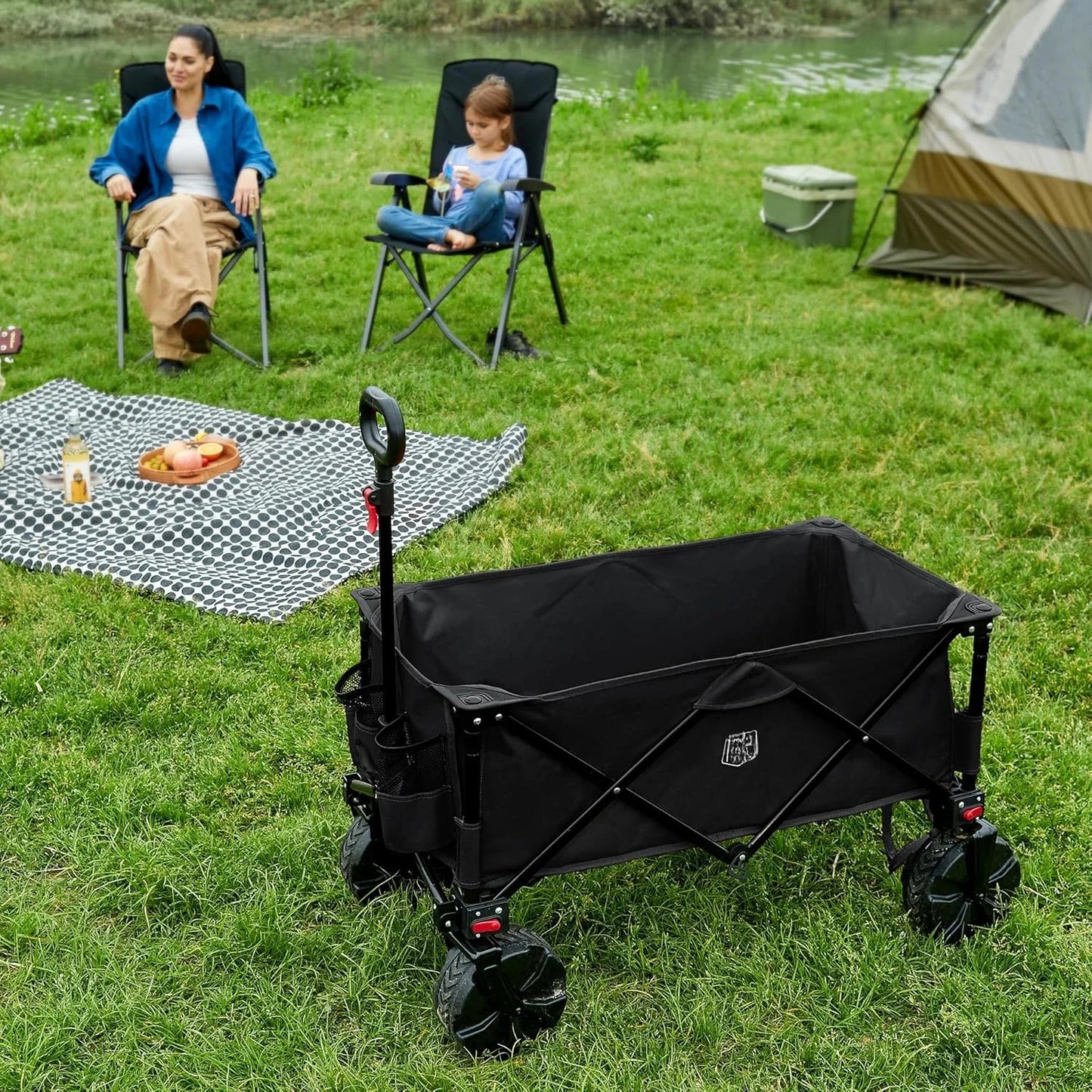 Trolley Detachable Big Wheels 100kg Capacity Collapsible Folding Wagon for Camping ,Heavy Duty Cart with Handle & Cover Bag