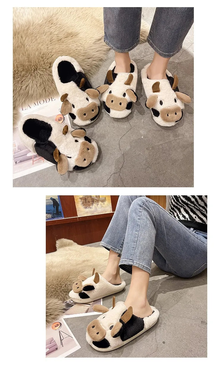 Pallene Women Winter Fur Fuzzy Slippers Cute Cartoon Cow Plush Slippers Indoor Warm Comfy House Slides Soft Casual Cotton Shoes