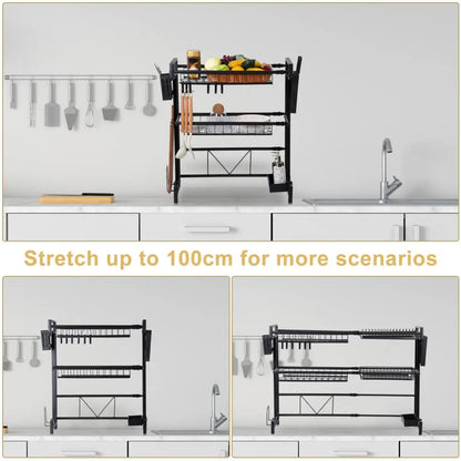 2 Tier Large Capacity Dish Rack, Sink Organize Stand, Kitchen Counter Storage Shelf Supplies for Plates Bowls Pots, Black