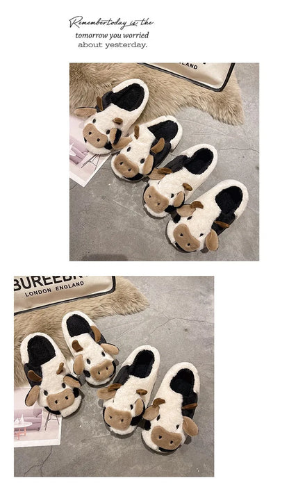 Pallene Women Winter Fur Fuzzy Slippers Cute Cartoon Cow Plush Slippers Indoor Warm Comfy House Slides Soft Casual Cotton Shoes