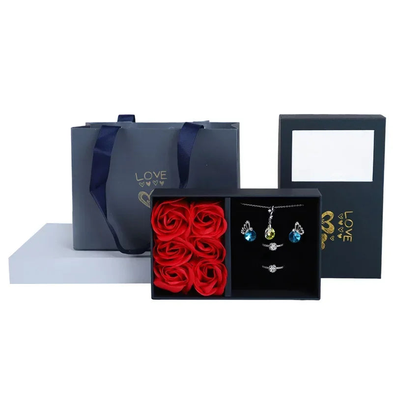 NEW Window Jewelry Box Romantic 6 Rose Pendants Ring Bracelet Eternal Flower Jewelry Valentine's Day Gift Packaging Box Bag