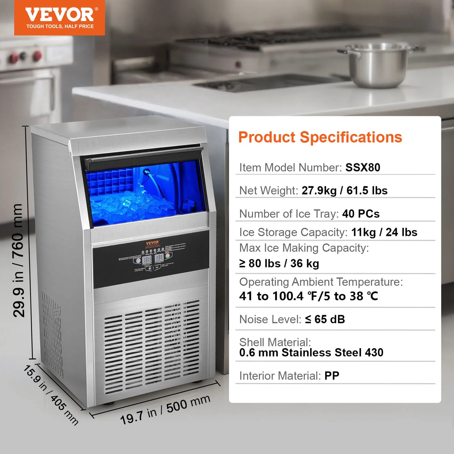 VEVOR Commercial Ice Maker 110lbs/24H 60 Ice Cubes in 12-15 Minutes  33lbs Storage Capacity LED Digital Display