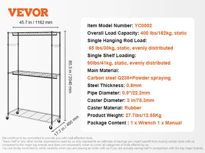 VEVOR Clothing Garment Rack Heavy Duty Clothes Rack Adjustable Length Clothes Rack w/ Bottom Shelf & Wheels for Laundry Room