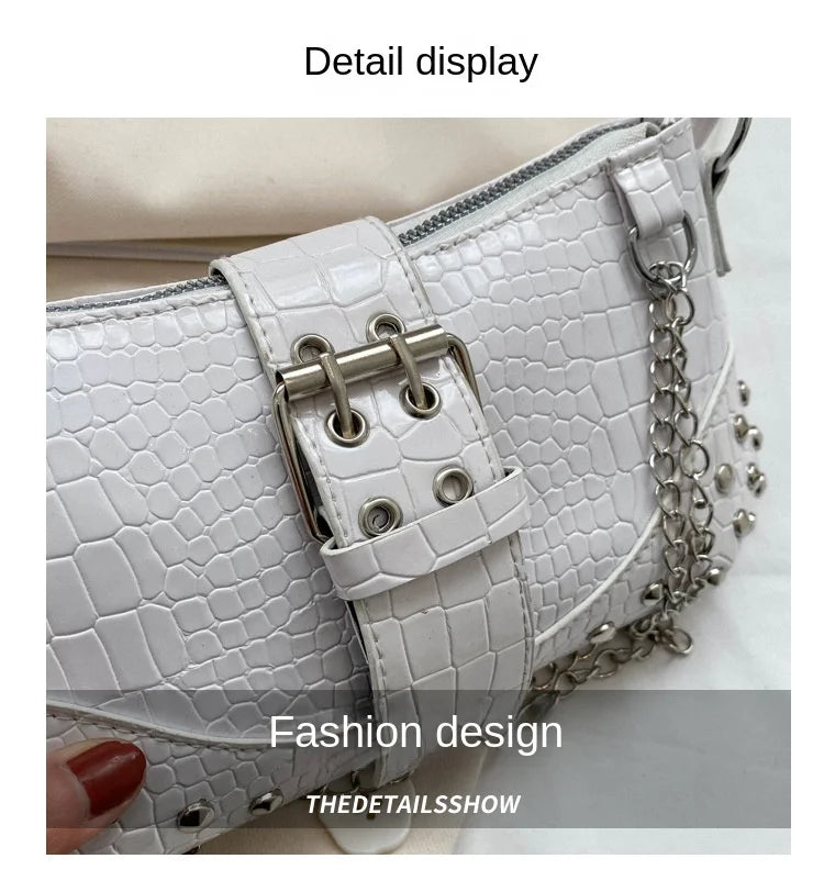 Women Fashion Shoulder Bag Gothic Ladies Bag Cool Style Trendy Rock Girls Handbag Y2K Rivet Chain for Travel Vacation Daily