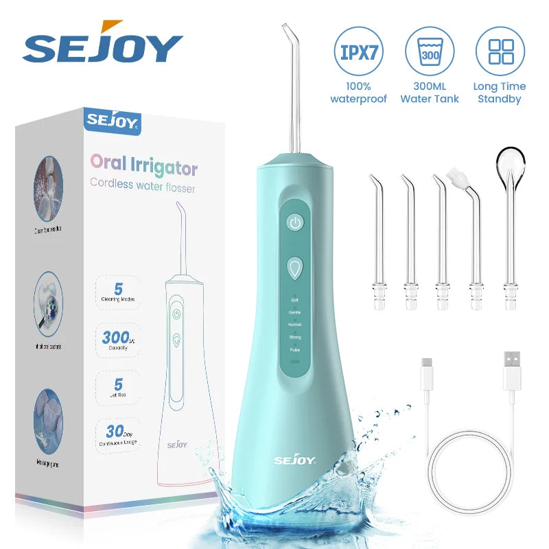 Sejoy Electric Water Flosser Tooth Clean USB Rechargeable Power Dental Irrigator 300ML Water Tank  Auto-Off 5 Cleaning Modes