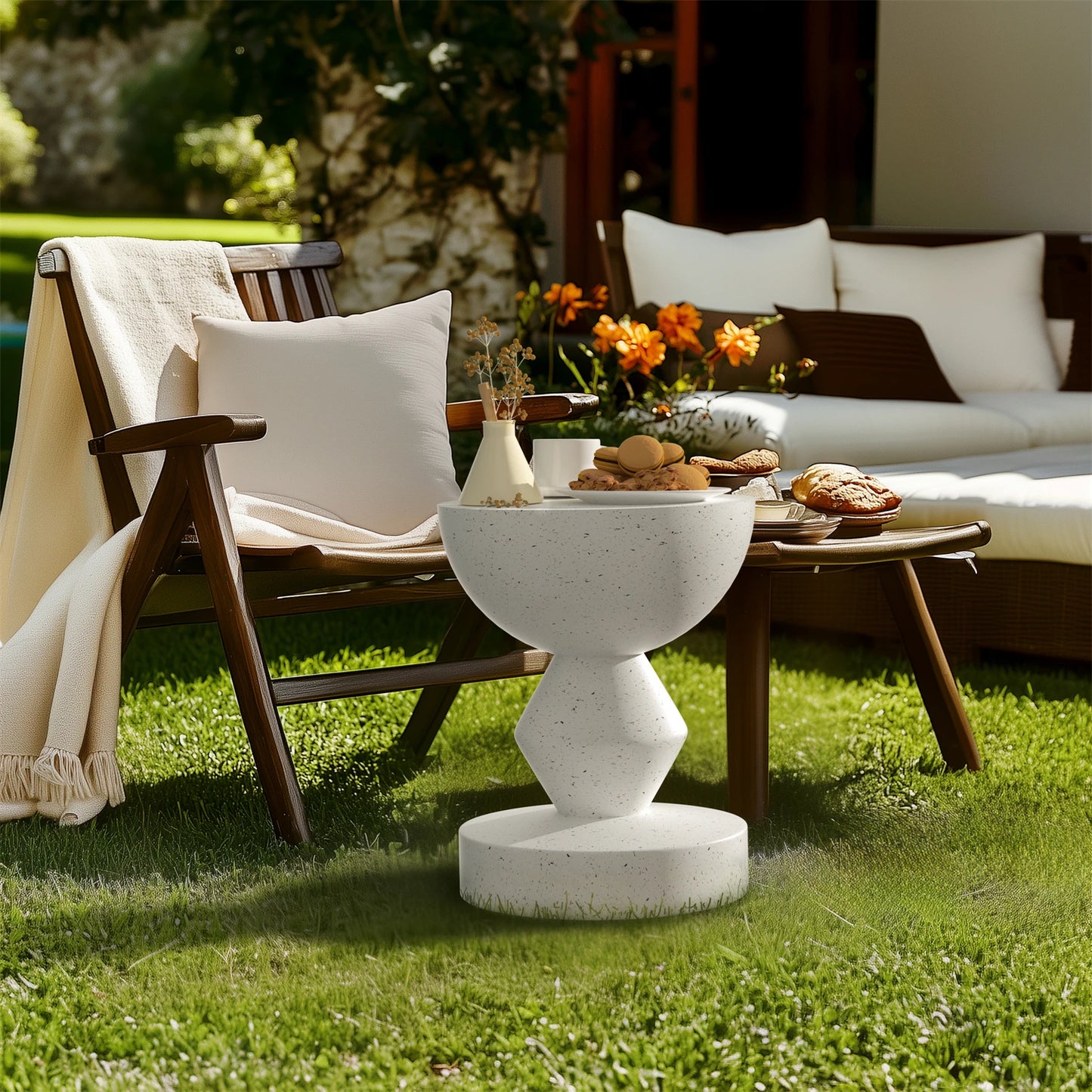 Outdoor Concrete Side Table 43CM Tall Accent End Table Garden Stool for Living Room, and Patio