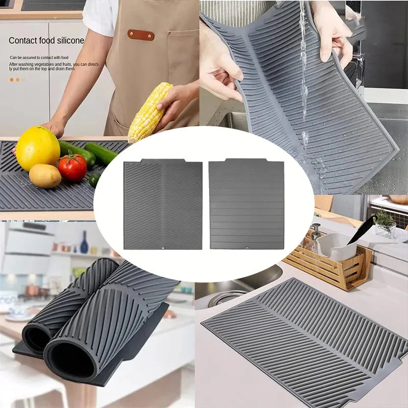 WCIC S/M/L Silicone Draining Board Mat Dish Drying Pad Folding Heat Resistant Rectangle Eco-Friendly Drainer for Kitchen Pot Cup