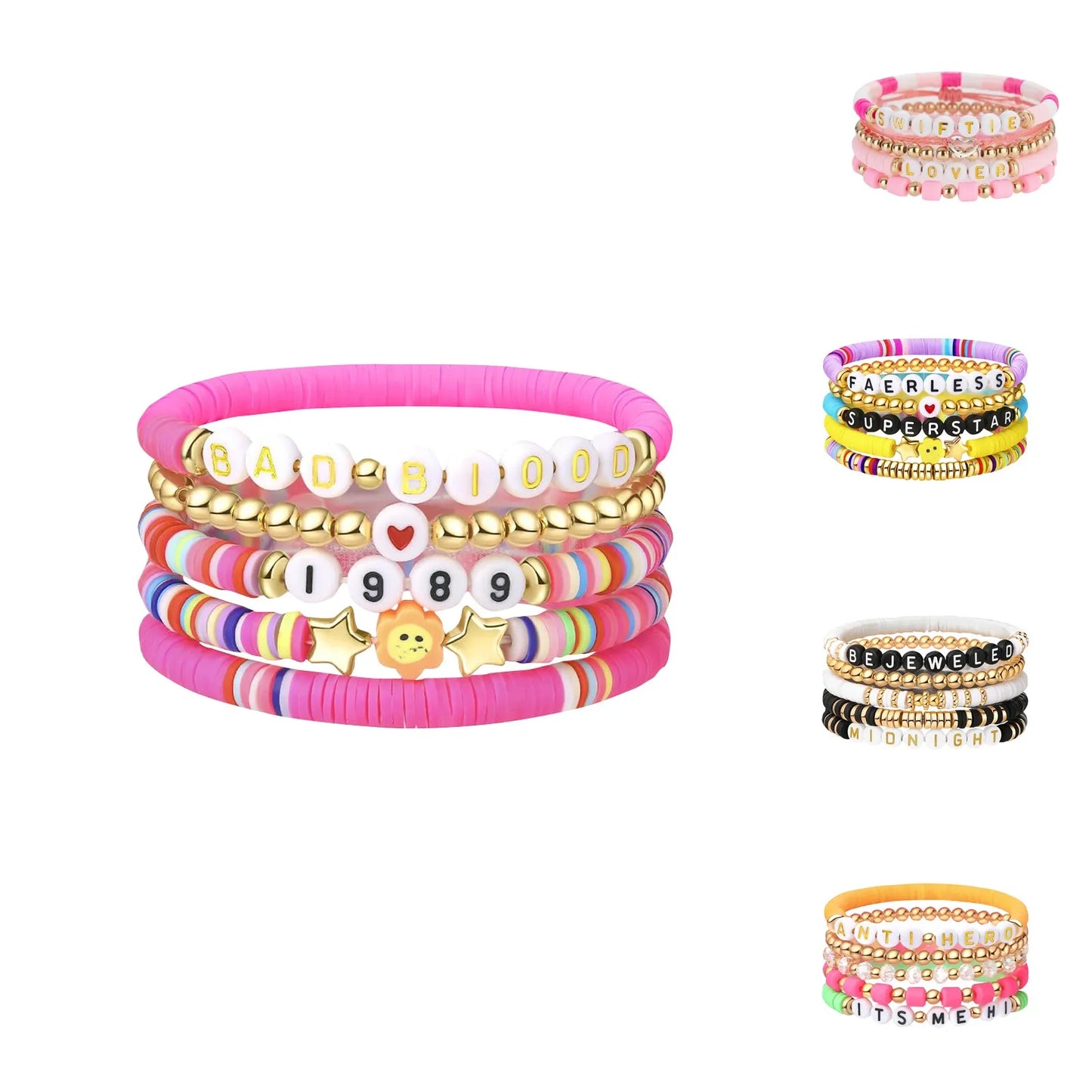 Five Piece Bracelet Set Of Men’s And Women’s Soft Clay Bracelets Fashionable Colourful Letter And Bead Print Beauty Bracelet