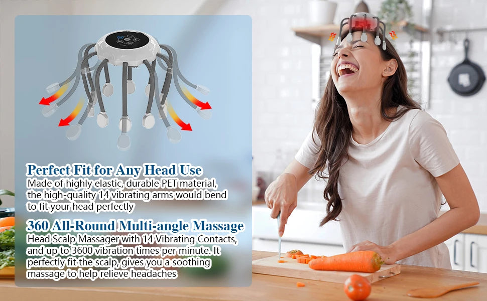 KTS Electric Head Massager Octopus Scalp Massage Music 5 Modes 14 Vibrating Contacts Red Light Device For Relax Stress Relief