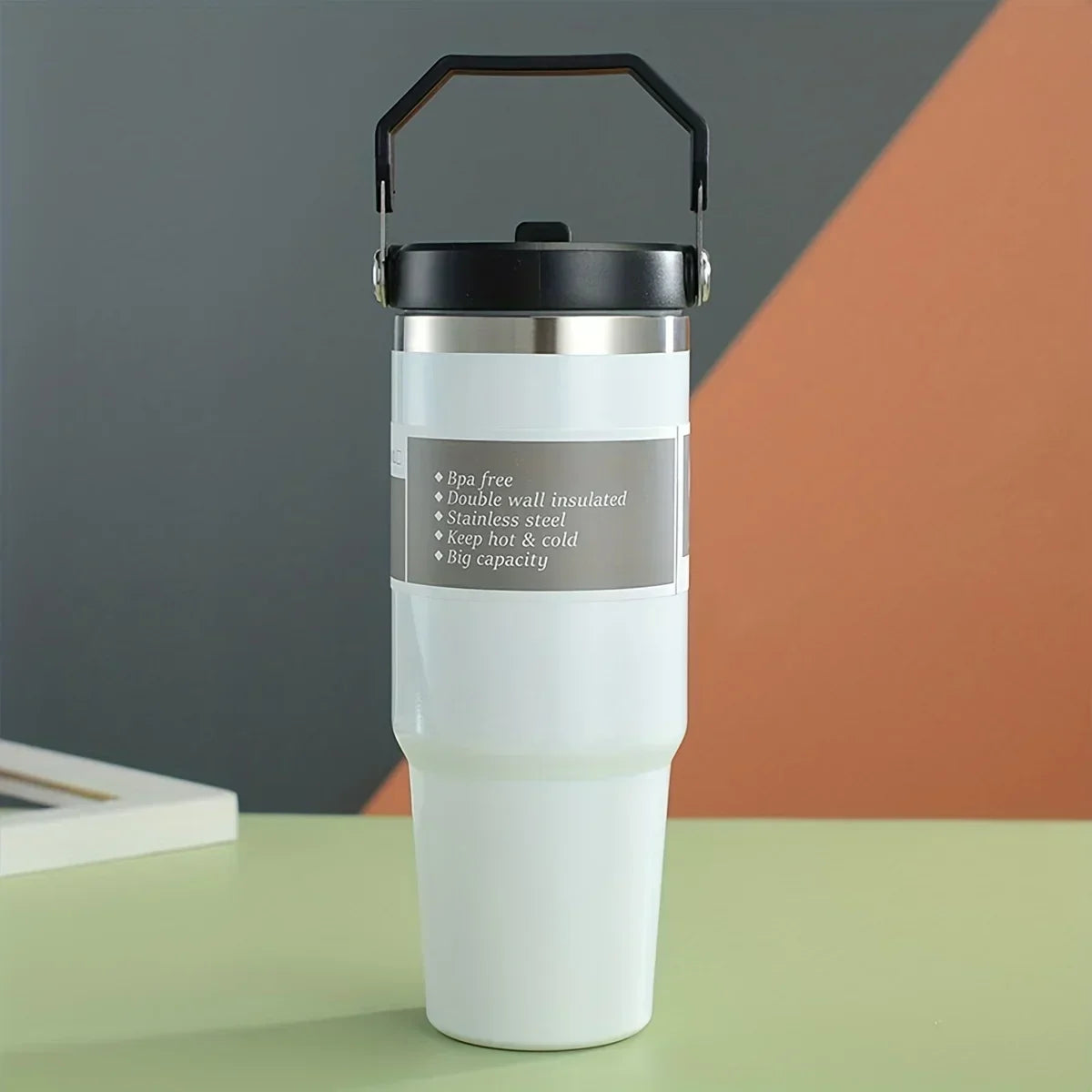 900ml Portable Car Cup Stainless Steel Thermos Cup with Straw Travel Sports Water Bottle With Handle Cover Coffee Vacuum Flask