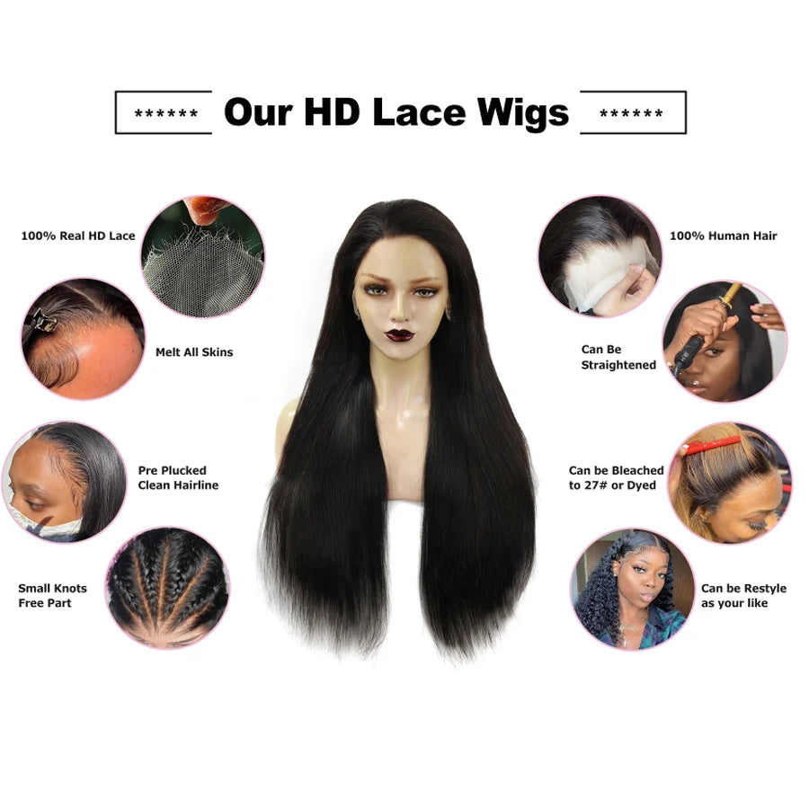 34inch Real HD Lace Front Wig Pre Plucked Straight Wigs 13x6 HD Transparent Lace Frontal Human Hair Wig Brazilian Hair For Woman