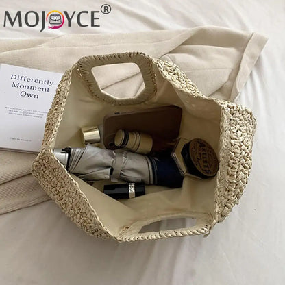 Women Handmade Straw Tote Bag Large Capacity Bohemia Moon Handbag Solid Color Simple Weaving Wrist Bag Summer Beach Bag