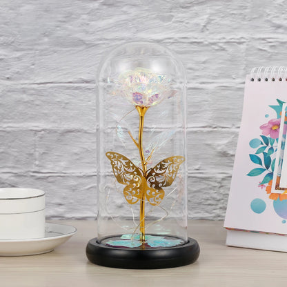 Rose Light Artificial Galaxy Rose Lamp with Butterfly  Colorful LED Rose Flowers In Glass Valentine's Mother Day Gift for Women