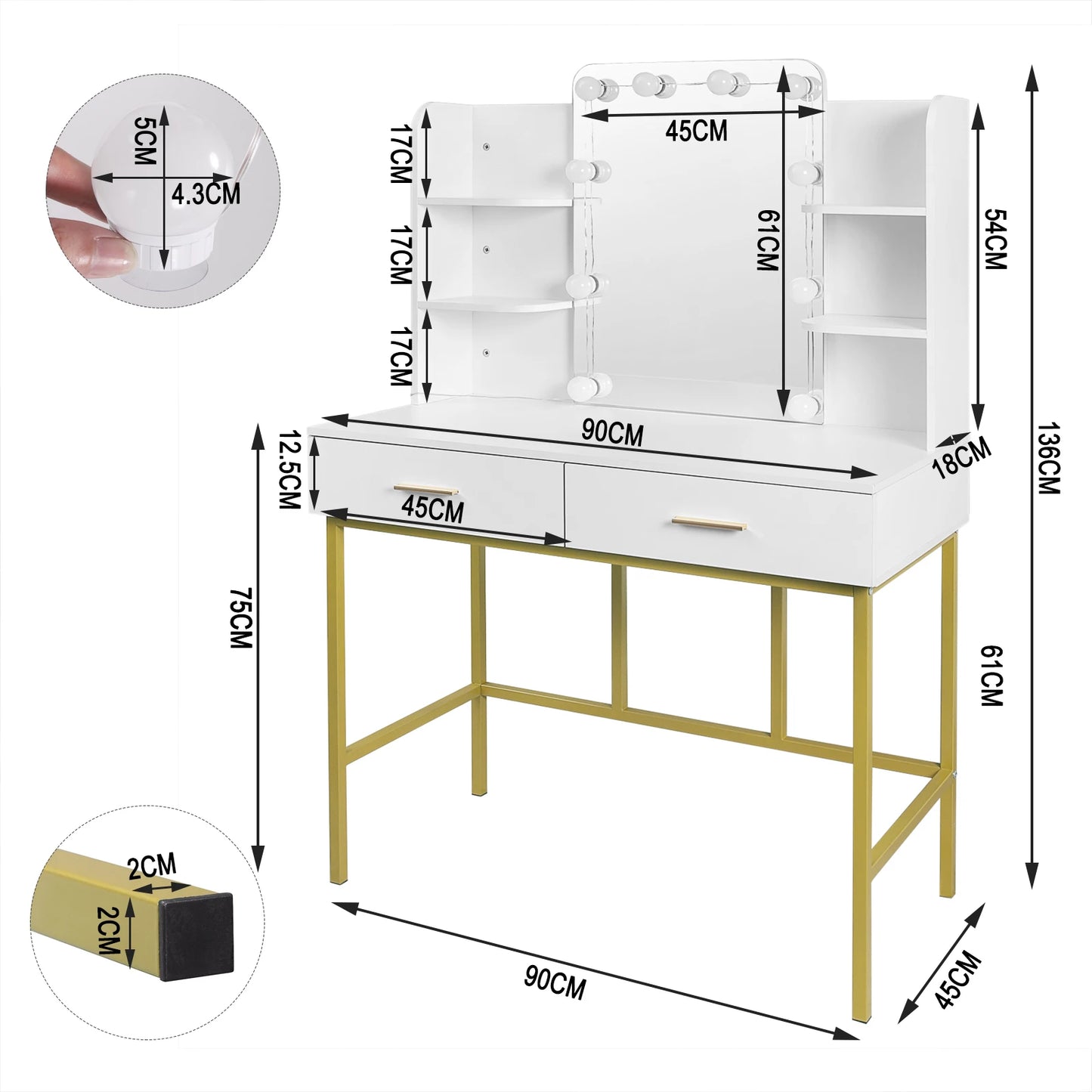 White Gold Vanity Desk with Mirror LED Lighting 2 Drawers Modern Dresser Dressing Table Makeup Table for Bedroom Household Home