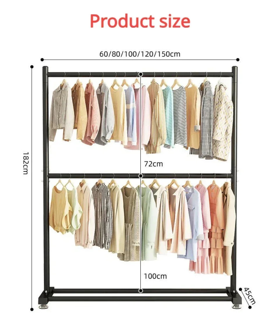 Simple Rolling Clothes Rack Double Layers Floor Standing Coat Hanger Stand Large Assembled Wardrobe Shoe Shelves Home Furniture