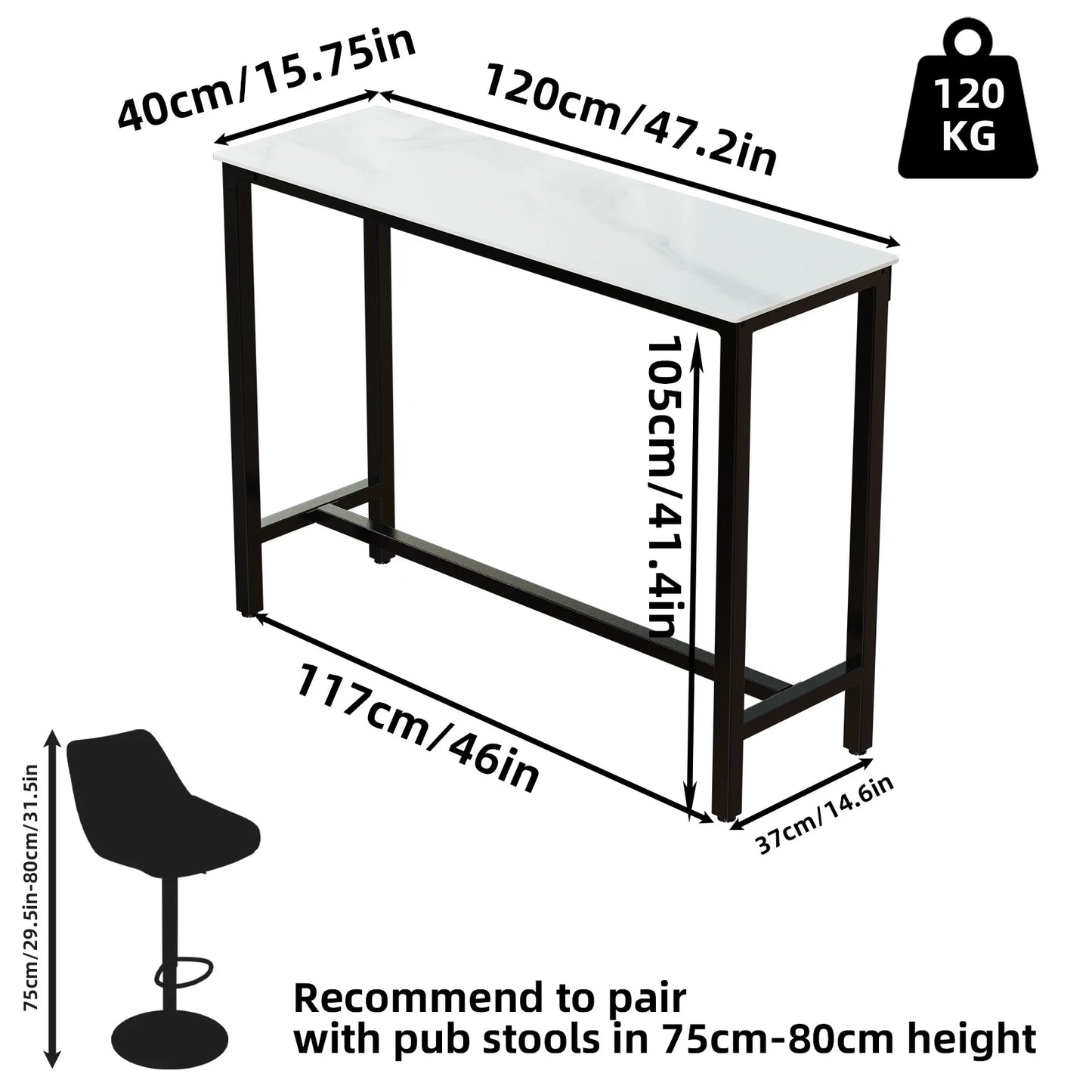 3-colors Extra Long Kitchen Bar Table, Rectangular Coffee Table, Metal Frame, Real Marble Console Table