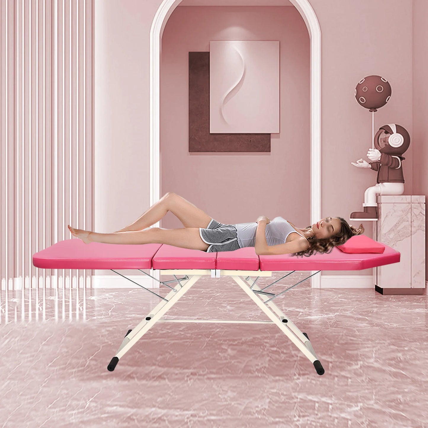 Pink Triple Fold Beauty Bed Adjustable Backrest Massage Bed Foldable Collapsible Health Salons Beauty Salons With Pillow