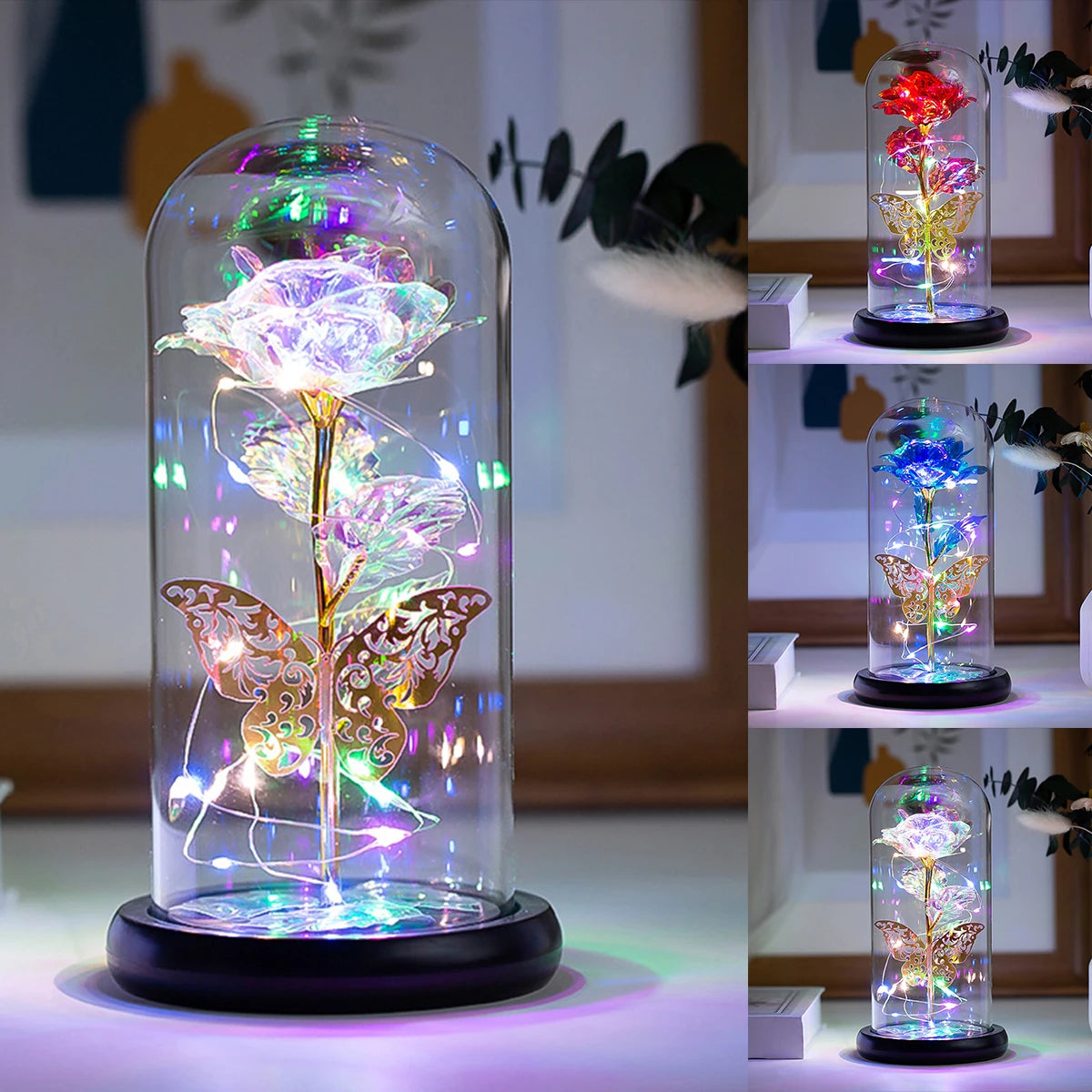 Rose Light Artificial Galaxy Rose Lamp with Butterfly  Colorful LED Rose Flowers In Glass Valentine's Mother Day Gift for Women