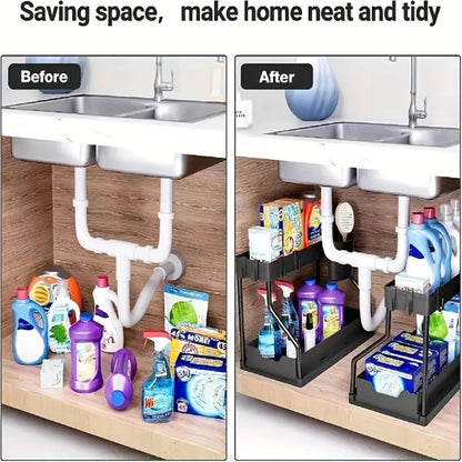 1pc 2-Tier L-Shape Sliding Spice Rack & Under Sink Organizer for Kitchen & Bathroom - Narrow Space Pull Out Cabinet Drawer Organ